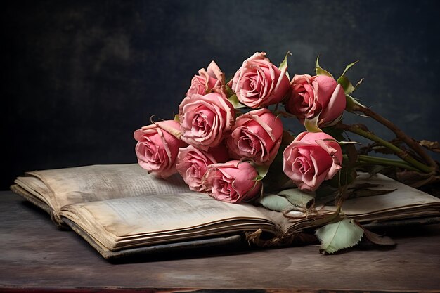 Un bouquet de roses et un livre délabré sur une table grunge