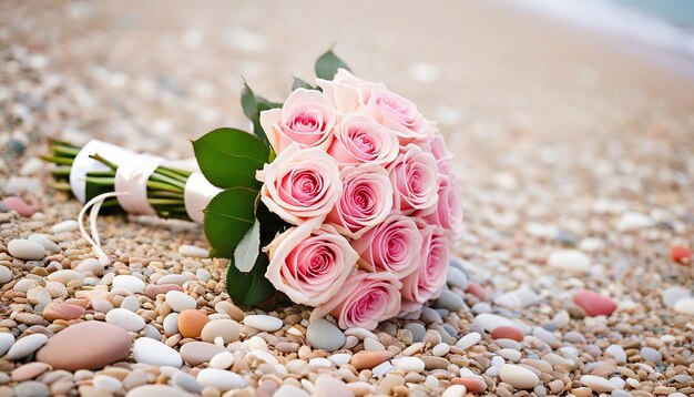 Photo bouquet de roses de mariage sur des cailloux de plage