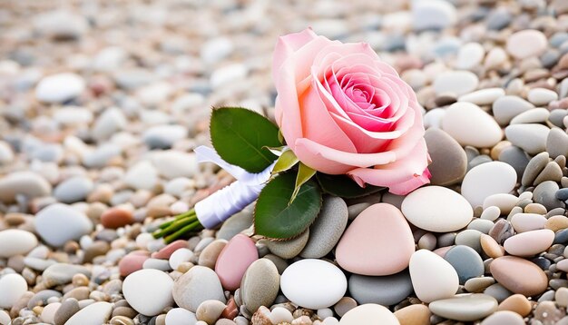 Photo bouquet de roses de mariage sur des cailloux de plage