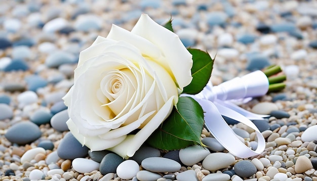 Photo bouquet de roses de mariage sur des cailloux de plage