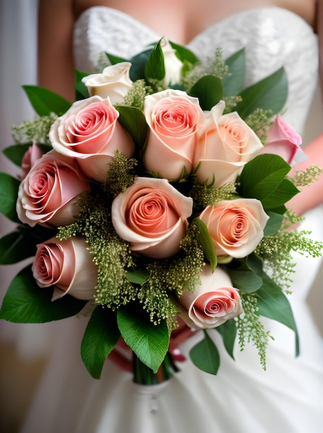 Photo bouquet de roses de mariage réaliste avec une mise au point nette, des détails complexes de haute qualité et des visuels améliorés en hdr uhd k et k generative ai generated