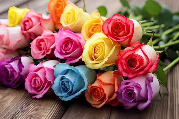 Photo un bouquet de roses multicolores sur des planches de bois joyeux anniversaire allongé sur des planques