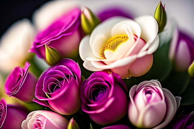 Un bouquet de roses avec une rose rose au centre