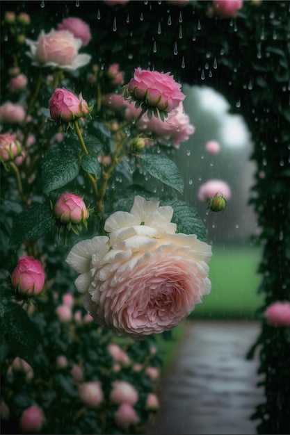 Bouquet de roses roses et blanches sous la pluie ai générative