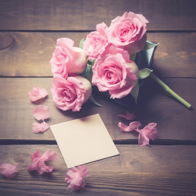 Un bouquet de roses roses avec une carte vierge à côté