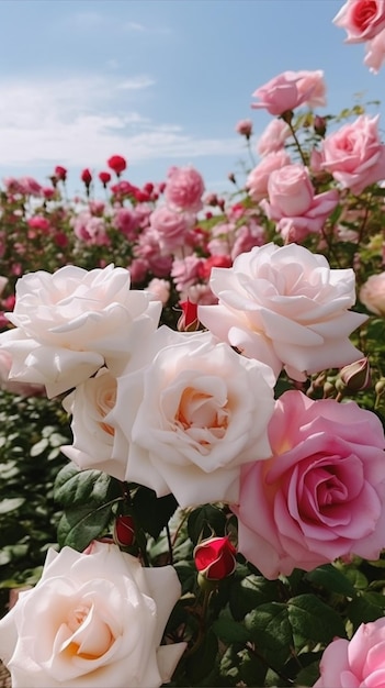 Un bouquet de roses roses dans un jardin