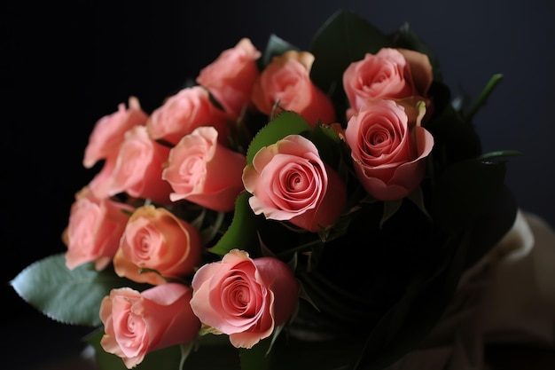 Un bouquet de roses roses dans le noir