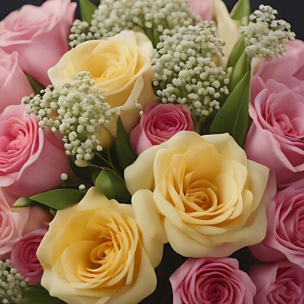 un bouquet de roses roses avec des feuilles vertes et des bourgeons blancs