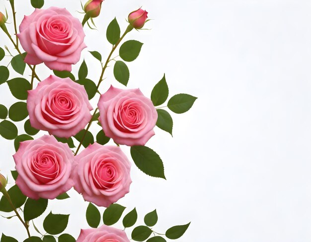 un bouquet de roses roses avec des feuilles vertes et un fond blanc