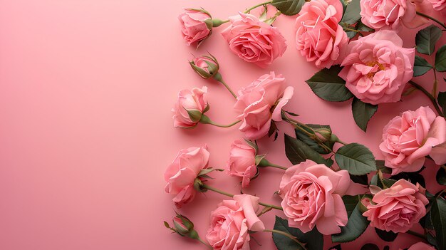 Un bouquet de roses roses sur un fond rose avec des feuilles et des tiges sur le côté du cadre avec un