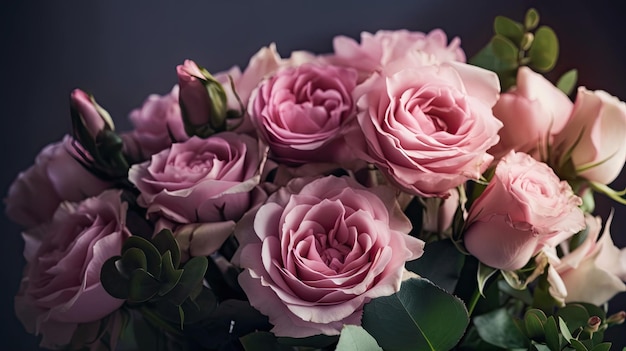 Un bouquet de roses roses avec un fond sombre