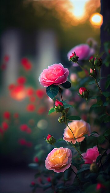 Bouquet de roses roses et jaunes dans un jardin ai génératif