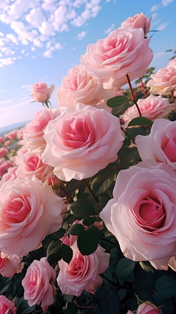 un bouquet de roses roses avec une montagne en arrière-plan.