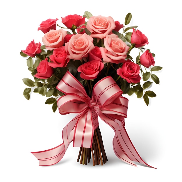 Un bouquet de roses roses et un ruban rouge sur fond blanc