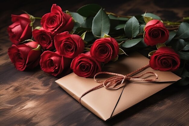 Bouquet de roses rouges et cadeau avec des rubans sur une table en bois, en gros plan.