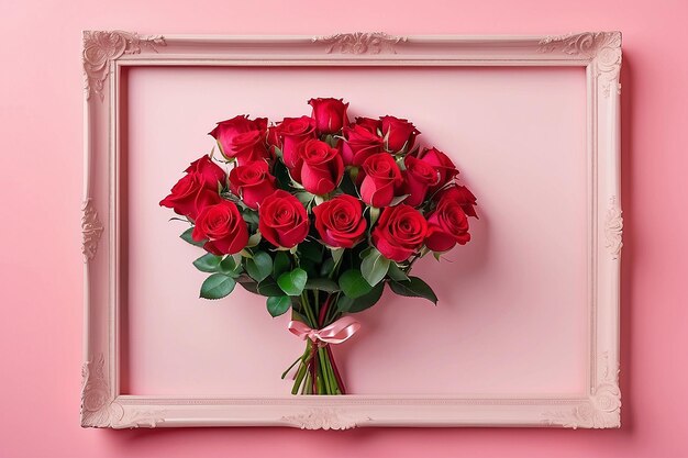 Un bouquet de roses rouges avec un cadre pour copier sur un fond rose Concept créatif de l'aménagement de l'appartement