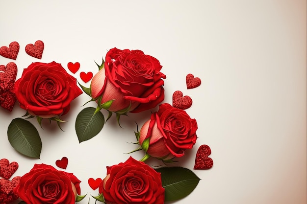 Un bouquet de roses rouges avec des coeurs sur fond blanc IA générative