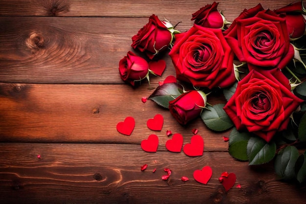 Photo un bouquet de roses rouges avec des cœurs sur un fond en bois