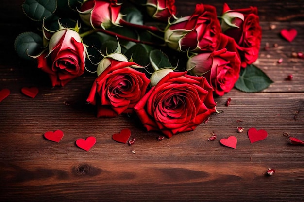 Photo un bouquet de roses rouges avec des cœurs sur un fond en bois