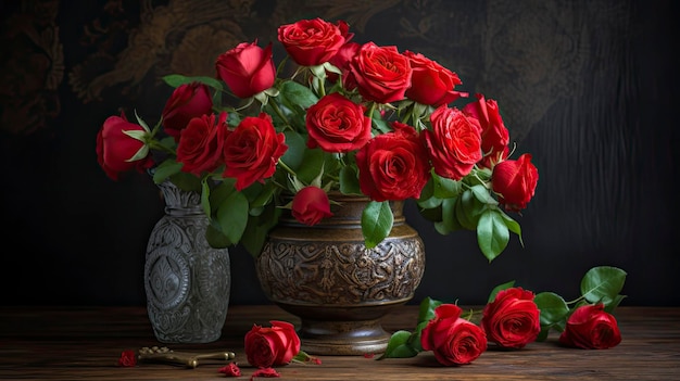 Un bouquet de roses rouges dans un vase avec une croix sur la table