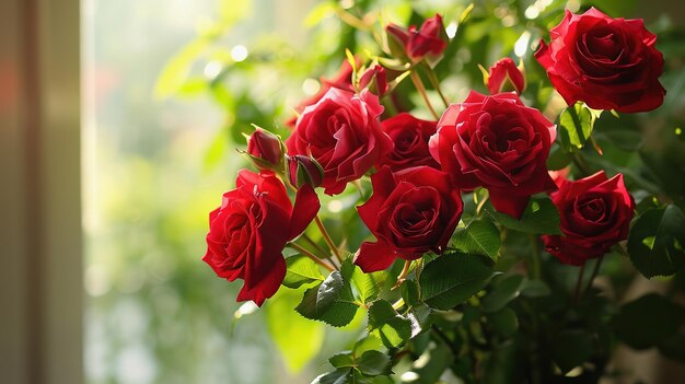 Bouquet de roses rouges dans un vase dans une pièce à la lumière du matin