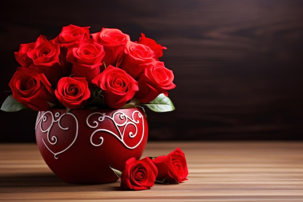 Bouquet de roses rouges dans un vase sur fond de bois