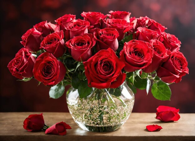 Bouquet de roses rouges dans un vase transparent