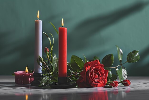 Bouquet de roses rouges dans un vase en verre, bougie brûlante et cœur sur une table en bois.