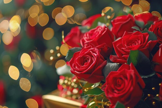 Photo bouquet de roses rouges avec des éléments dorés pour la saint-valentin et la fête des femmes