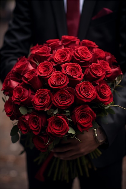 Photo bouquet de roses rouges entre les mains des hommes