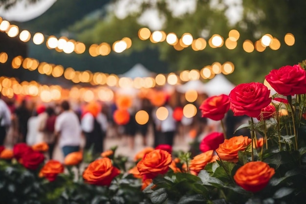 un bouquet de roses rouges est devant une foule de gens