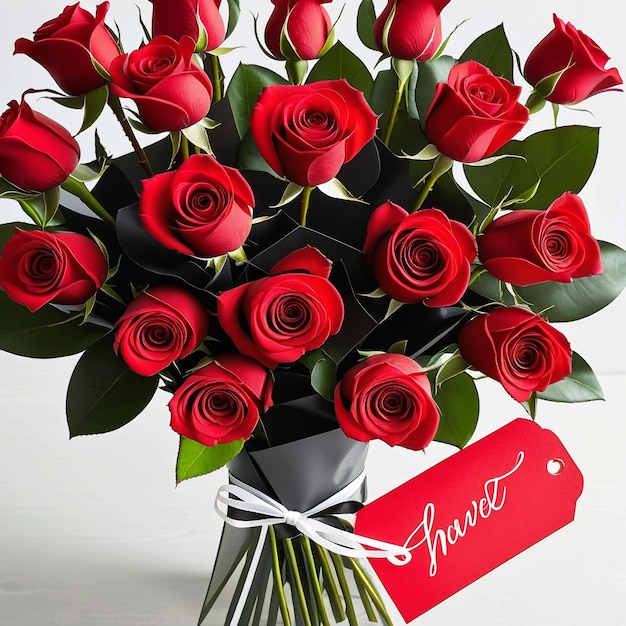 Bouquet de roses rouges avec étiquette cadeau