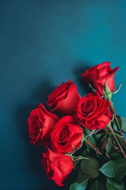 Bouquet de roses rouges sur fond bleu