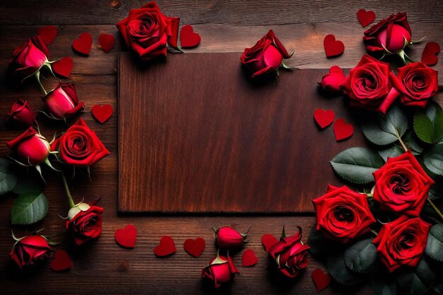 Photo un bouquet de roses rouges avec un fond en bois et un cadre avec un cadre en forme de cœur