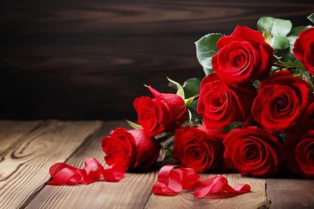 Photo bouquet de roses rouges sur fond en bois concept de fond pour la fête de la saint-valentin