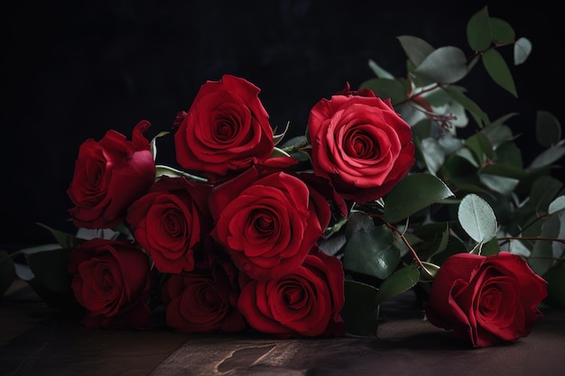 Un bouquet de roses rouges sur fond noir