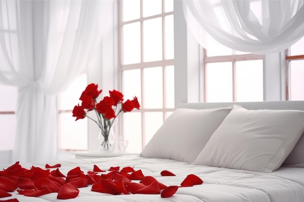 Un bouquet de roses rouges sur un lit blanc Une date romantique