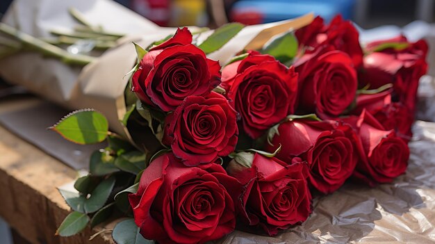 un bouquet de roses rouges avec les mots « Valentin » sur la table.