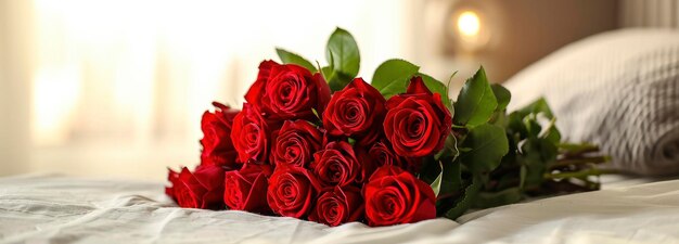 Bouquet de roses rouges sur une romance de chambre