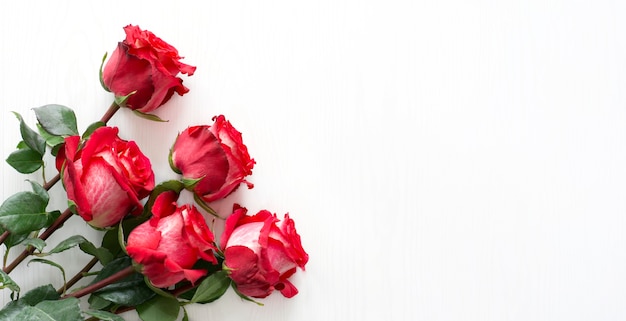 Un bouquet de roses rouges se trouve sur une table en bois blanche