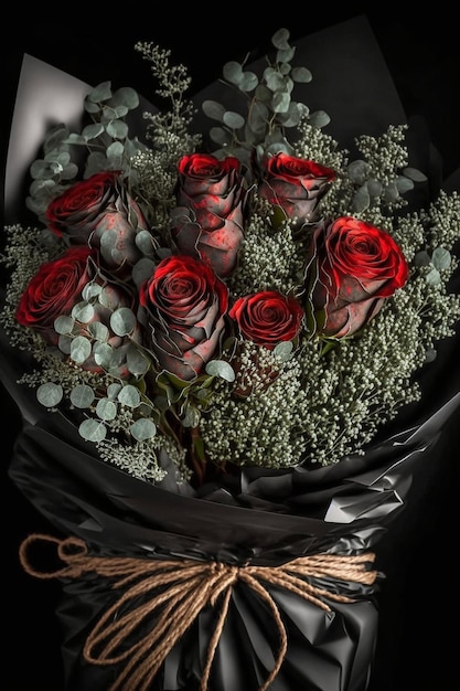 Bouquet de roses rouges et souffle de bébé ai générative