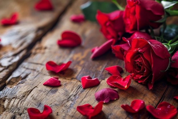 Un bouquet de roses rouges sur une table en bois