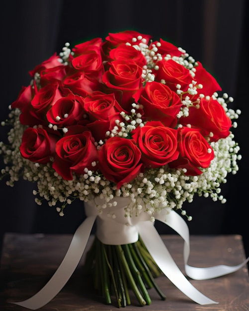 Photo un bouquet de roses rouges vibrantes entrelacées avec le délicat souffle d'un bébé