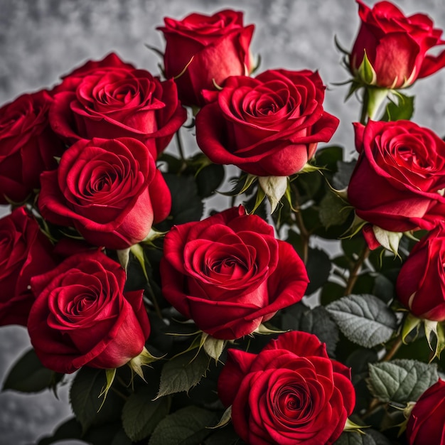 Bouquet de roses rouges vibrantes sur fond gris flou