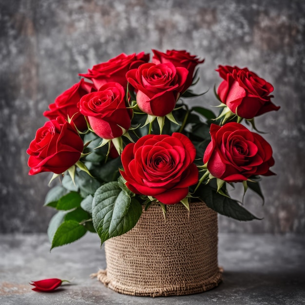 Bouquet de roses rouges vibrantes sur fond gris flou