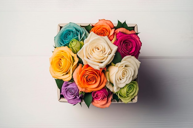 Bouquet de roses sur une table en bois blanche Generative AI