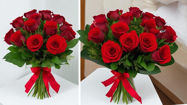 Photo un bouquet de roses sur une table en bois avec un cadeau