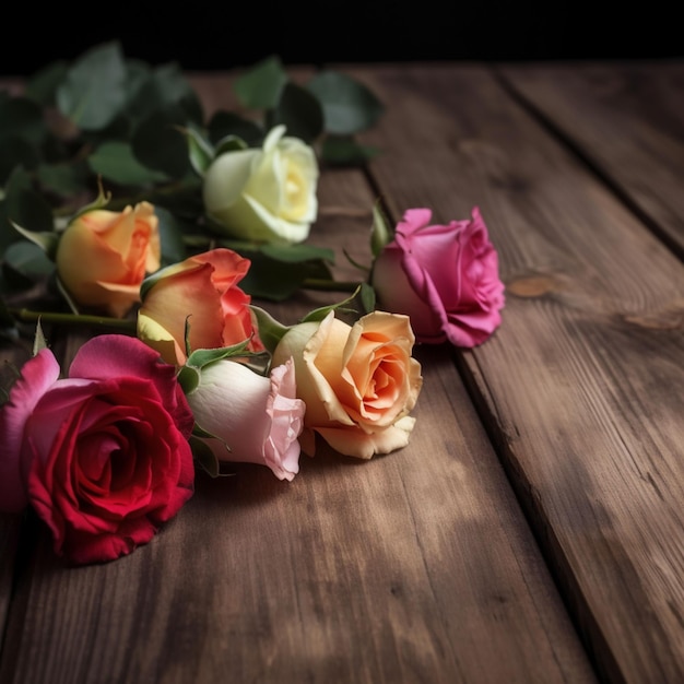 Un bouquet de roses sur une table en bois