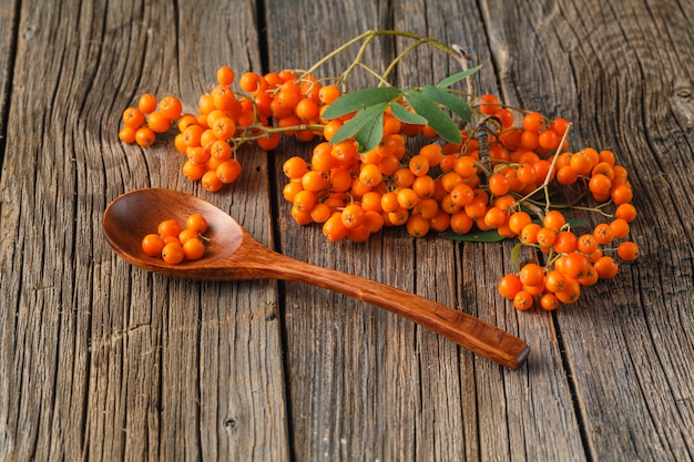 Bouquet de rowan automne rouge avec des feuilles vertes sur une vieille planche rustique