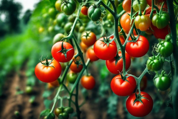 un bouquet de tomates cerises pousse sur une vigne